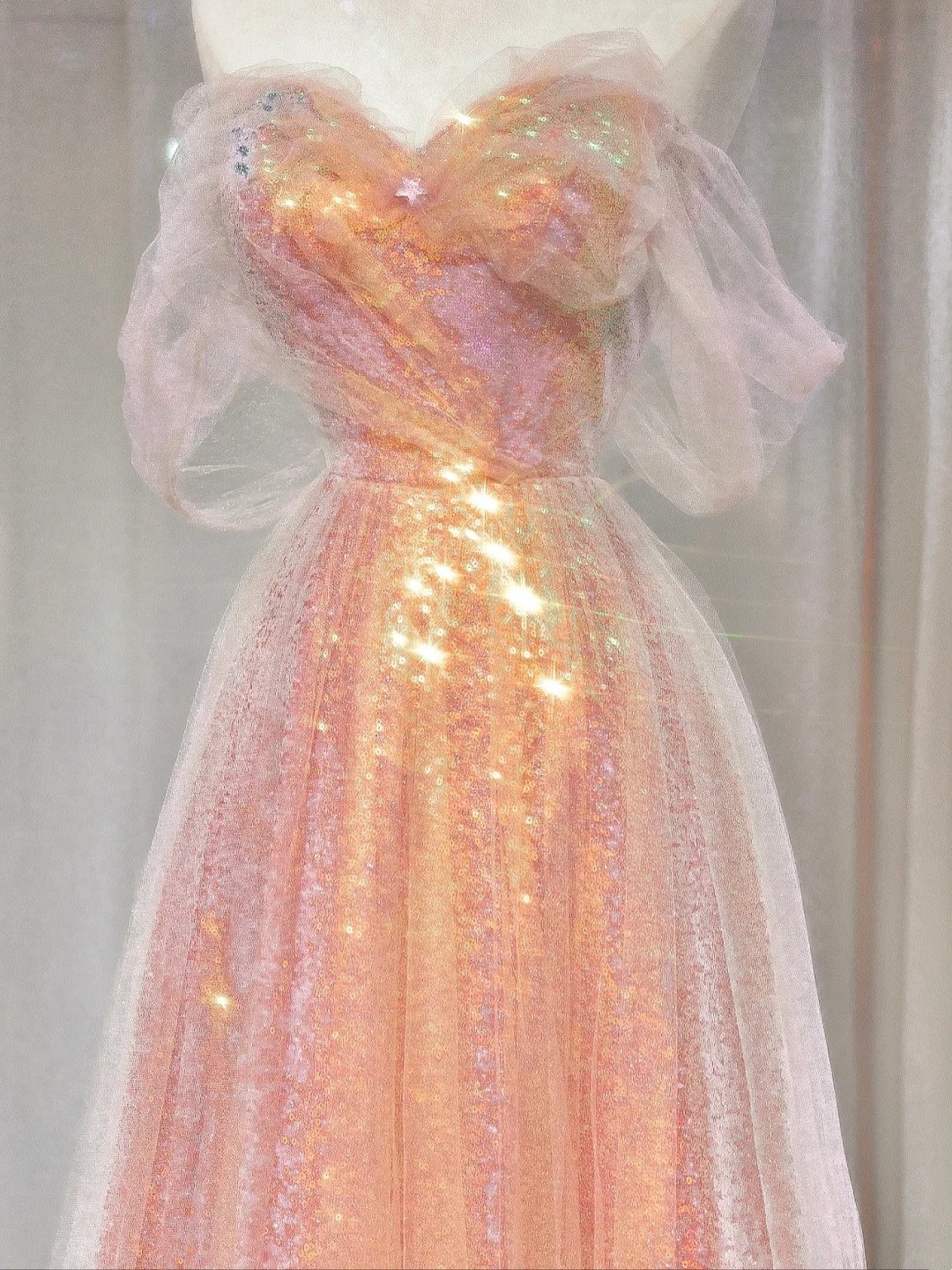 Wunderschönes, schulterfreies, pinkfarbenes Paillettenkleid in A-Linie mit kurzen Ärmeln, formelles Abendkleid, langes Ballkleid N721