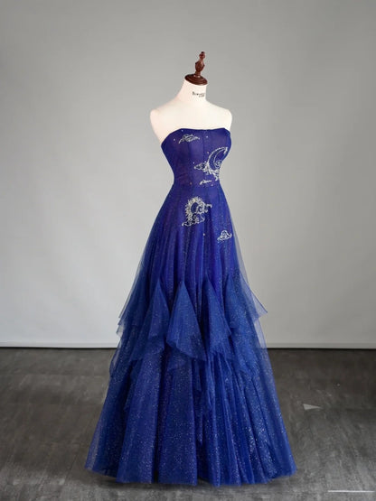 Modest A Line Strapless Tulle Royal Blue Prom Dresses Long for Women Formal Evening Gown AB171