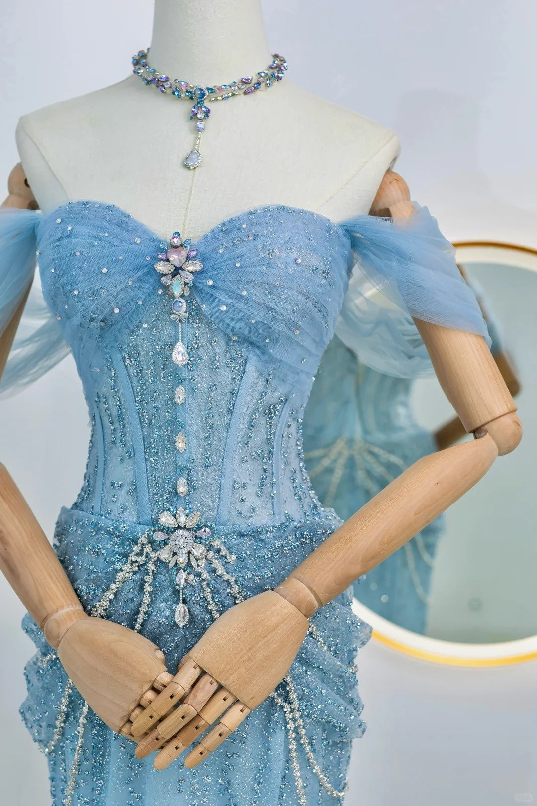 Robe de soirée longue sirène scintillante bleu à paillettes avec épaules dénudées, tenue d'anniversaire, robe de bal de promo N2842