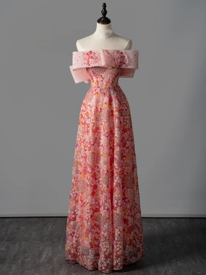 Elegantes, schulterfreies, pinkfarbenes Paillettenkleid in A-Linie – langes Ballkleid für Teenager (N1170)