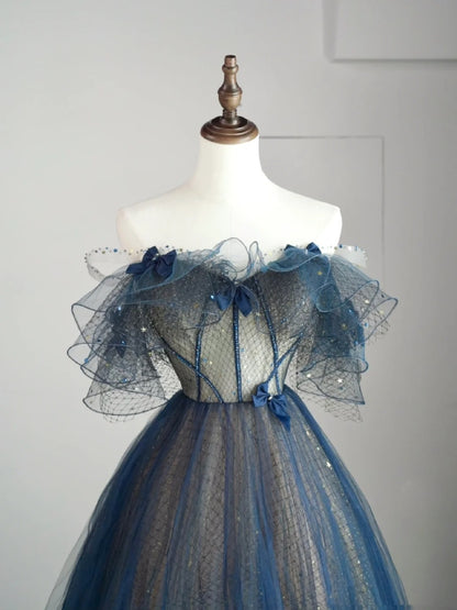 Modest Ball Gown Off The Shoulder Blue Tulle College Formal Sweet 16 Outfit Long Prom Dresses For Teens N1173
