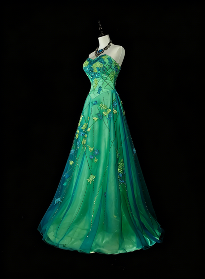 Vintage A-Linie Sweetheart Grün Tüll Mit Perlen Edelsteinkristallen Abendkleid Lang Ballkleider N2699