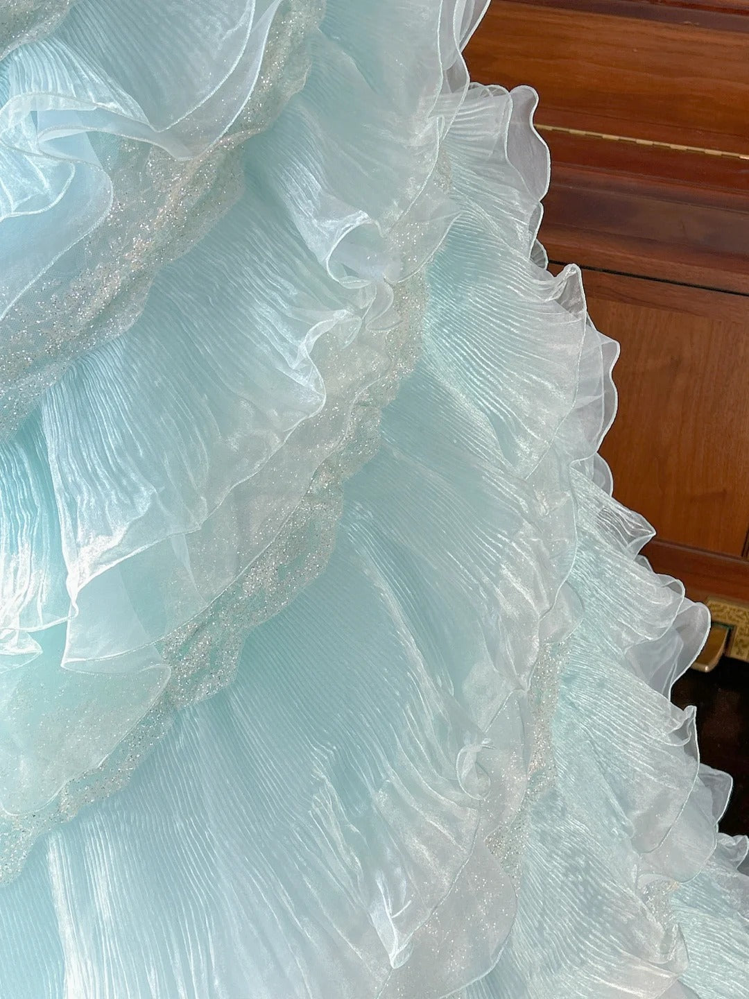 Süßes ballkleid trägerlos hellblau mit gestuften Lagen Sweet 16 Kleider Lang 15 Vestidos De Fiesta N2268
