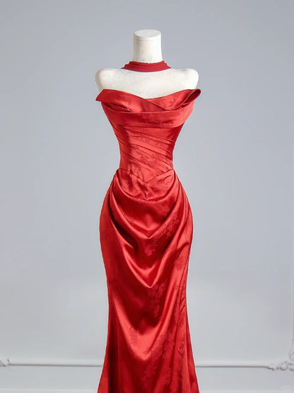 Figurschmeichelndes, trägerloses, rotes Meerjungfrauen-Satinkleid mit Schal, langes Abendkleid, formelles Ballkleid, Geburtstagskleid N383