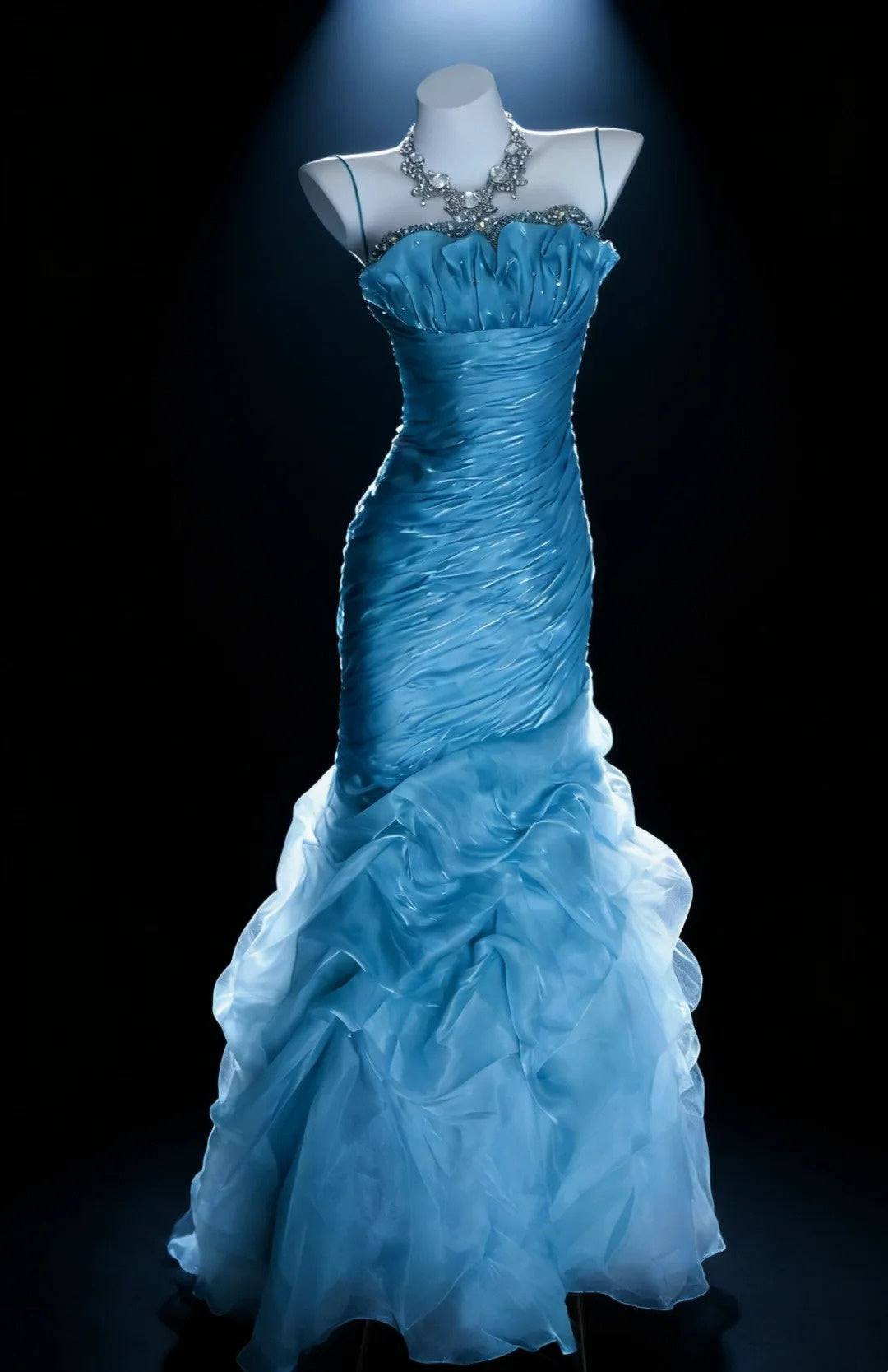 Jolies Robes de Bal Sirène Bretelles Spaghetti Organza Bleu avec Corsage Perlé Longue Robe de Soirée N3045