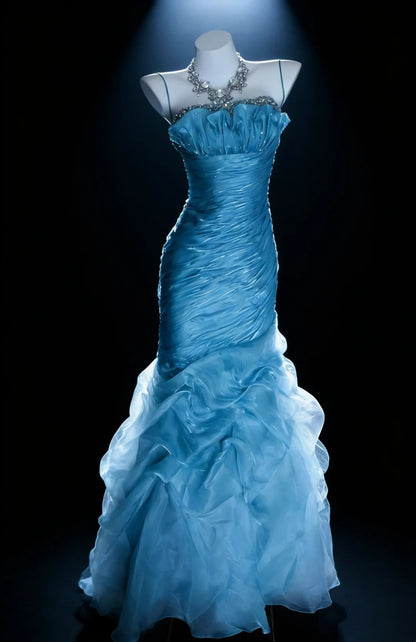 Jolies Robes de Bal Sirène Bretelles Spaghetti Organza Bleu avec Corsage Perlé Longue Robe de Soirée N3045