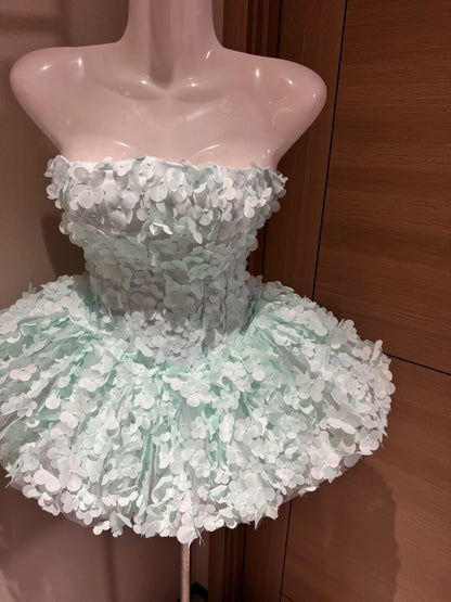 Mignonne Robe de Bal Bustier Vert Menthe Fleurs 3D Robe Courte Soirée à Rio Inspiration Robe de Rentrée Hoco Robes de Bal RB4039