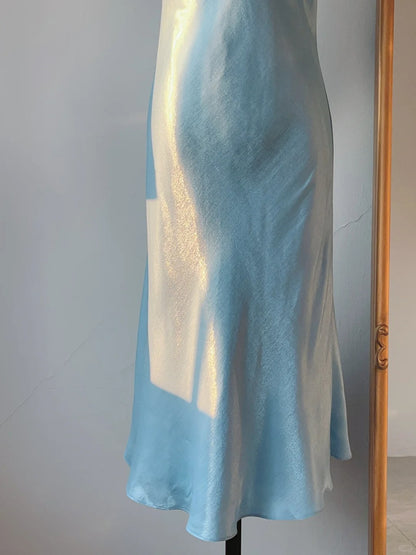 Dezentes Etui-Neckholder-Kleid ärmellos wadenlang blau Chiffon Frühling Sommer Event-Outfits Hochzeitsgäste Kleider RB3244