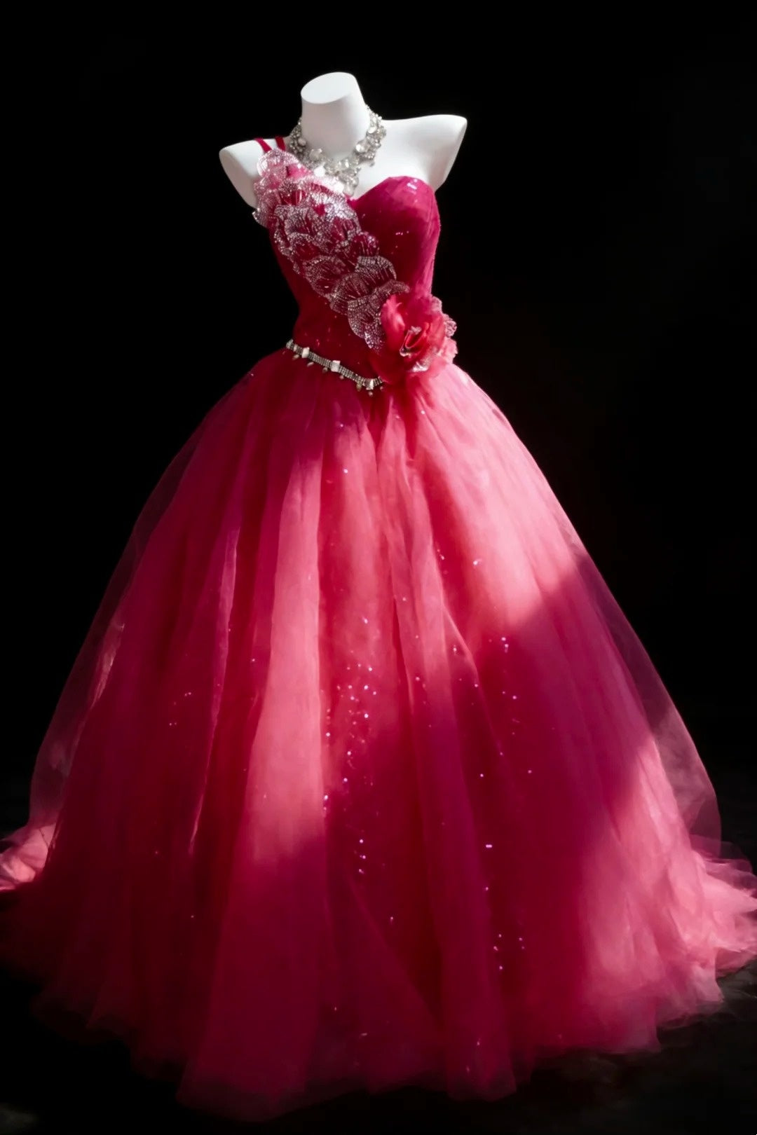 Hübsche Ballkleider Ballkleid One Shoulder Hot Pink Tüll Mit Perlen Langes Abendkleid N2955