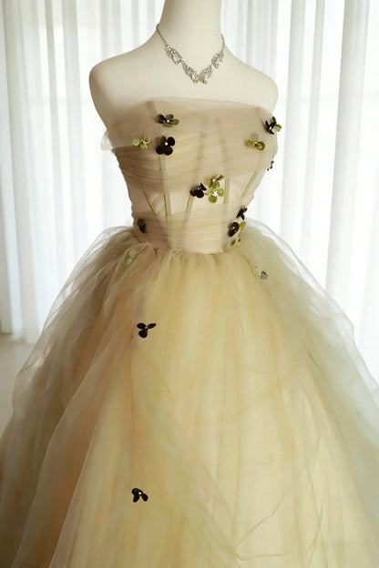 Robes de Bal Simples Robe de Bal bustier en Tulle Jaune avec Fleurs Longue Robe de Quinceañera N2963