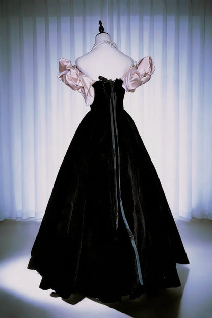 Bescheidene Ballkleider für den Abschlussball schulterfrei Satin Schwarz Rosa Satin mit Ärmeln Langes Quinceañera-Kleid N2964