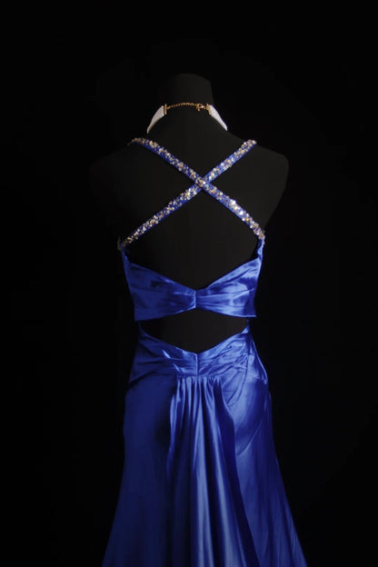 Retro-Meerjungfrauenkleid mit Spaghettiträgern, königsblauer Satin, langes Ballkleid im Stil der 2000er Jahre, Inspiration für Outfits zum 18. Geburtstag, formelles Kleid N497