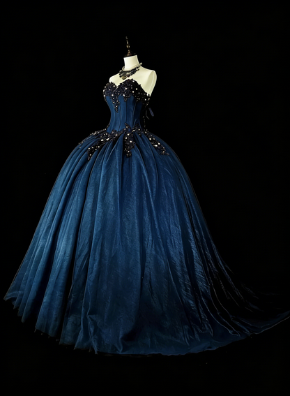 Vintage Ballkleid mit Herzausschnitt, marineblauer Tüll, 80er Jahre, Abendkleid, formelles Kleid zum 16. Geburtstag, langes Ballkleid N1757