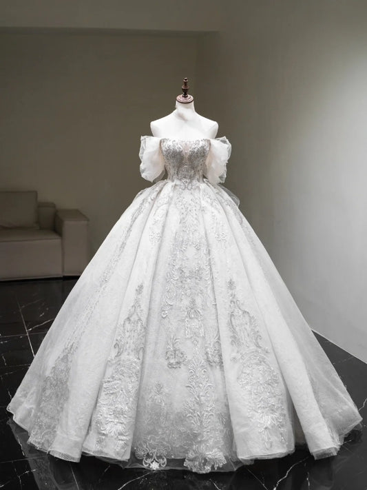 Princess Wedding Dresses Ball Gown Off The Shoulder White Glitter Tulle With Appliques Bodice Brides Dress Fitted Bridal Gowns N643
