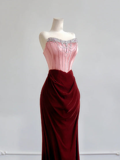 Romantisches Meerjungfrauen-Kleid, trägerlos, rosafarbenes Top aus Satin und burgunderrotem Samt, langes Ballkleid, beeindruckendes Outfit zum 18. Geburtstag, Partykleid N393