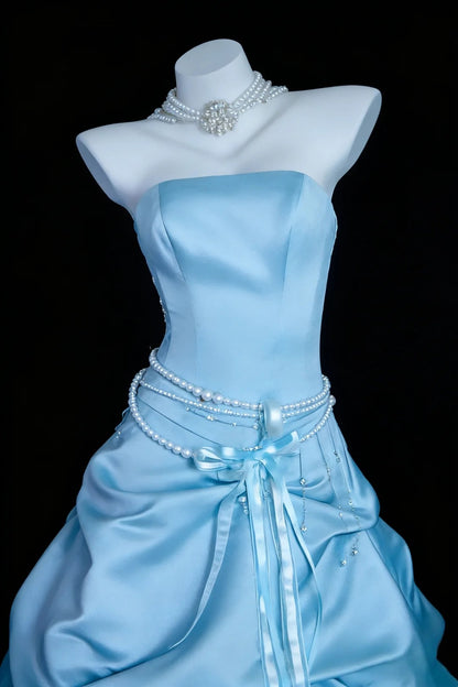 Modest Prom Dresses Ball Gown Strapless Blue Satin With Ruffled Long Quince Dress N3049