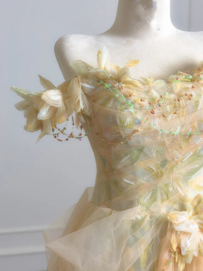 Märchenhaftes Ballkleid, schulterfrei, grüner, geblümter Tüll, langes, formelles Abendkleid, formelles Geburtstagskleid, Ballkleid N729