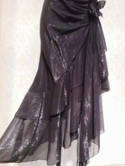 Vintage Prom Dresses 80s Mermaid Spaghetti Straps Black Tie Dress Irregular Hem Tea Length Formal Outfit RB4318
