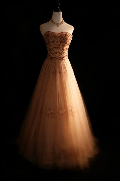 Bescheidene Ballkleider für den Abschlussball, trägerlos, Champagner, Tüll mit Perlen, langes Quinceañera-Kleid N2974