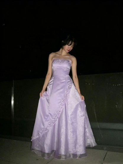 Robe de bal vintage rose clair sans bretelles, coupe trapèze, ornée de broderies, tenue de soirée formelle N536