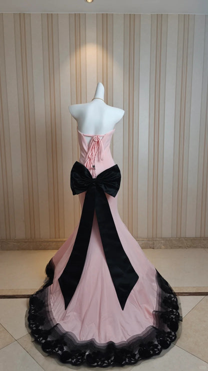Élégante robe de bal formelle sirène rose bonbon en mousseline avec dentelle noire pour 18ème anniversaire N4192