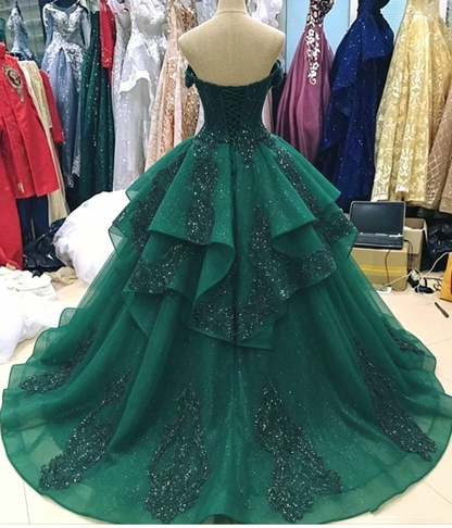 Robe de bal modeste à épaules dénudées, en tulle et dentelle vert émeraude, manches longues, robe de soirée AB1093