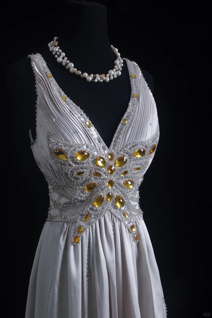 Vintage Prom Dresses 1960s A line V Neck Grey Satin Backless With Beaded Evening Formal Outfits RB5141