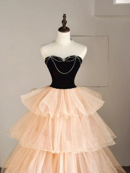 Prinzessinnen-Ballkleid, schulterfrei, Tüll, Champagner, formelles Outfit für College, Abschlussball, Abschlusskleid für Teenager N1348