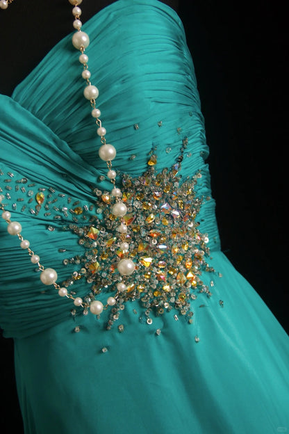 Vintage Prom Dresses A line One Shoulder Green Sleeveless With Beaded 80s Chiffon Evening Formal Dress RB3266