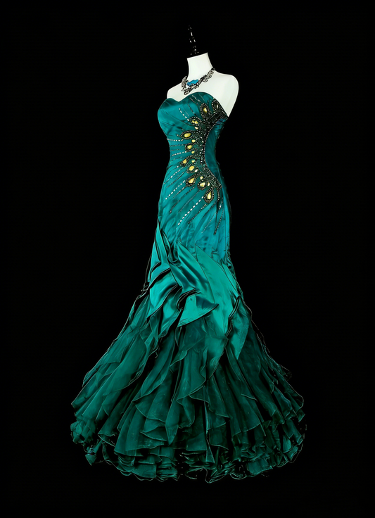 Vintage Prom Dresses Aesthetic 1970s Retro Mermaid Green Satin Long Formal Dress N2150
