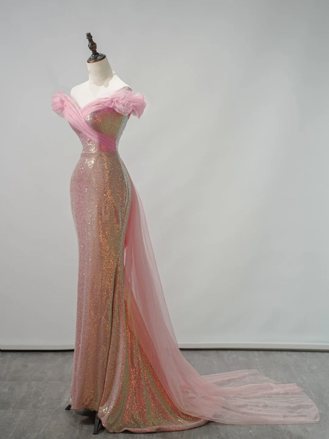 Sparkly Mermaid Off The Shoulder Pink Sequin Short Sleeves Long Prom Dresses Formal Gowns Evening Dress N682