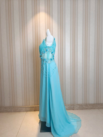 Vintage Ballkleider A-Linie One Shoulder Blau Chiffon 80er Jahre Mit Blumen Lange Formelle Abendgarderobe N4217