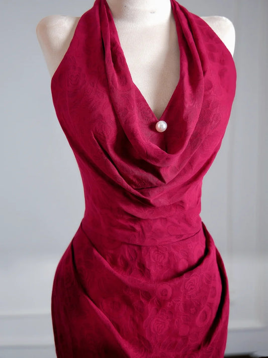 Figurschmeichelndes Meerjungfrauen-Halterkleid in Fuchsia, langes Abendkleid, formelles Abendkleid, Geburtstagskleid N384