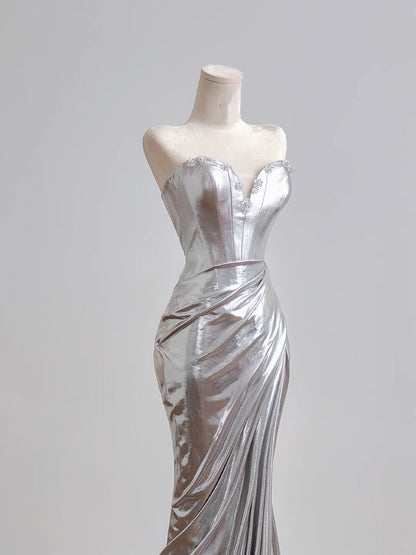 Glitzerndes Meerjungfrauen-Abendkleid mit Pailletten, silberfarben, langes, formelles Abendkleid mit hohem Schlitz, Partykleid N345