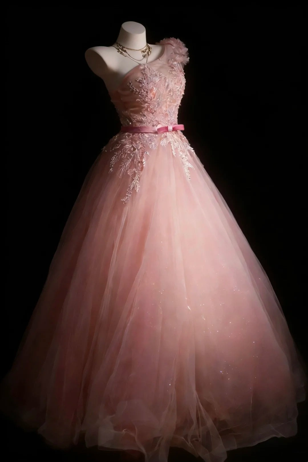 Hübsches Ballkleid für den Abschlussball, One Shoulder, Rouge Pink, Tüll mit Applikationen, langes Abendkleid N2954