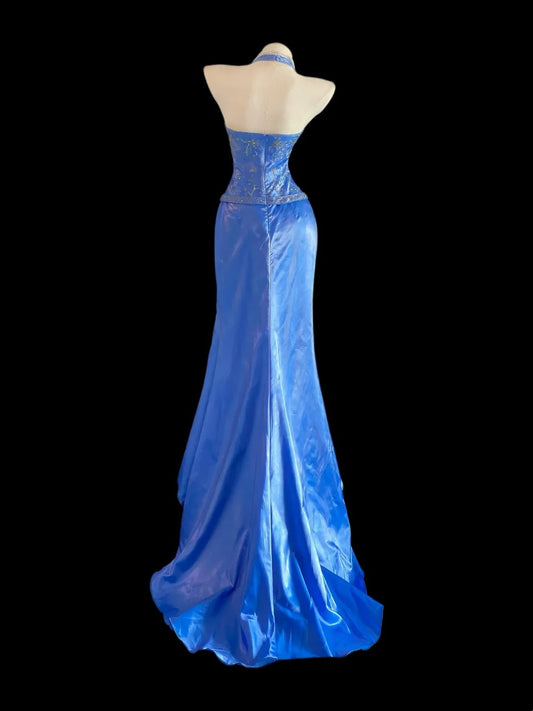 Sparkly Mermaid Halter Royal Blue High Low Long Prom Dresses Inspo Evening Outfits RB4016