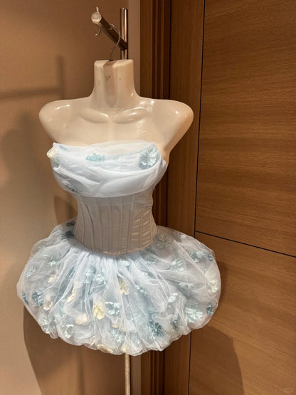 Jolie robe de bal bustier bleu ciel clair à fleurs pour la soirée de Rio, inspirations de robes Hoco pour le bal de promo RB4037