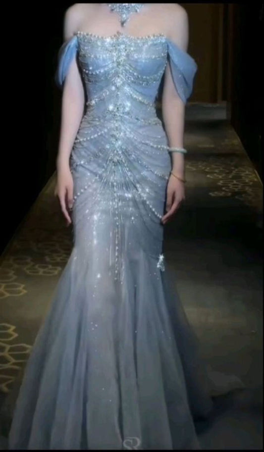 Blue Mermaid Off The Shoulder With Silver Beadings Long Prom Dress Party Gowns AB1683
