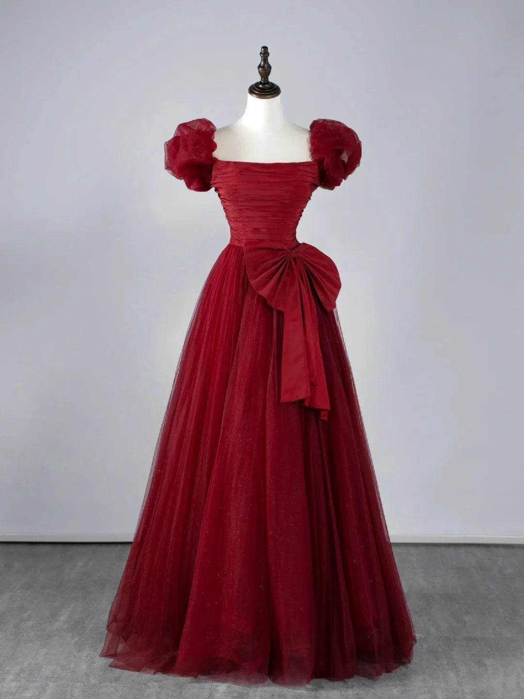 Elegantes, weinrotes Tüllkleid in A-Linie mit eckigem Ausschnitt und kurzen Ärmeln, langes Ballkleid/Abendkleid N596