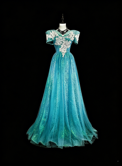 Robes de bal de rêve Esthétique rétro années 80 Épaules dénudées Tulle bleu clair Dentelle Tenues de soirée longues N2364