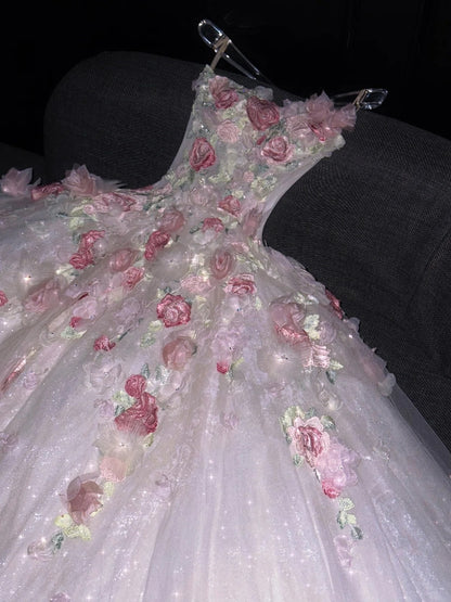 Prinzessinnen-Ballkleid, trägerlos, rosa, geblümter Tüll, langes formelles Abendkleid, formelles Kleid zum 18. Geburtstag, Ballkleid N736