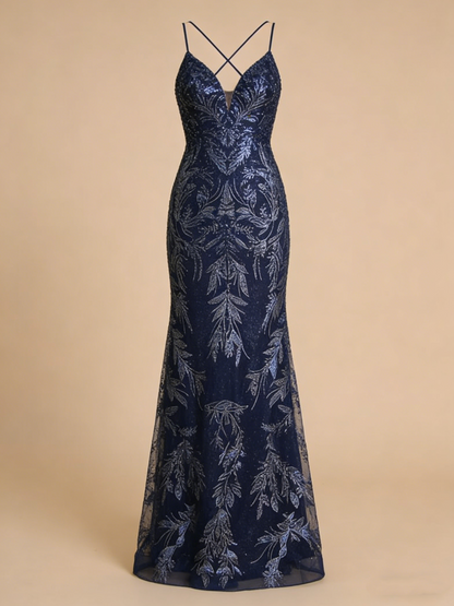 Wunderschönes, marineblaues Pailletten-Abendkleid im Meerjungfrauenstil mit Spaghettiträgern, Modell N718