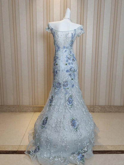 Elegantes Meerjungfrau-Kleid, schulterfrei, Grau mit Spitze, elegantes Outfit zum 18. Geburtstag, formelle Ballkleider N4197