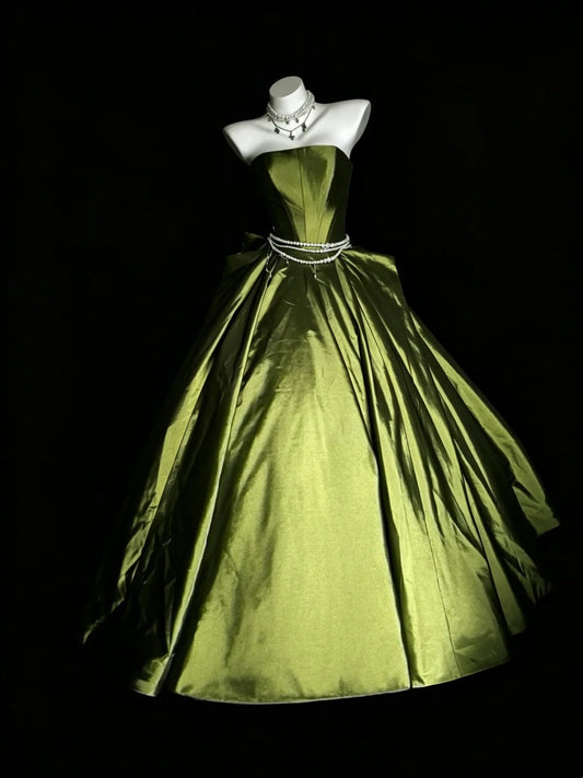Princess Ball Gown Strapless Olive Green Satin With Ruffles Sweet 16 Dresses Quinceanera Dress N4190