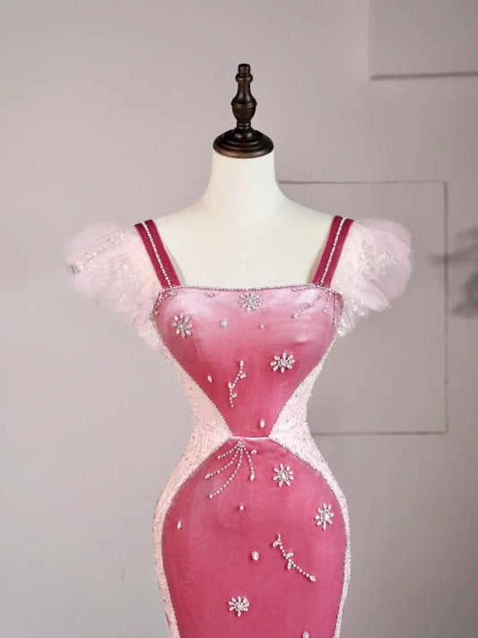 Elegantes Meerjungfrauen-Abendkleid aus rosa Samt, ärmellos, langes formelles Kleid für die Oberstufe, N1277