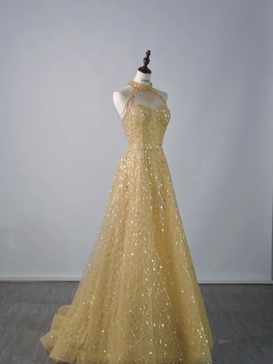Sparkly Ball Gown High Neck Yellow Sequins Senior Prom Dresses High School Long Formal Dress N1290