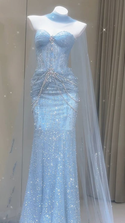 Robe de bal sirène bleue, décolleté cœur, tulle, longue robe de soirée formelle AB1664