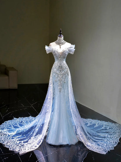 Robe de bal longue bleue à sequins, épaules dénudées, style sirène, inspiration robe de soirée RB1667