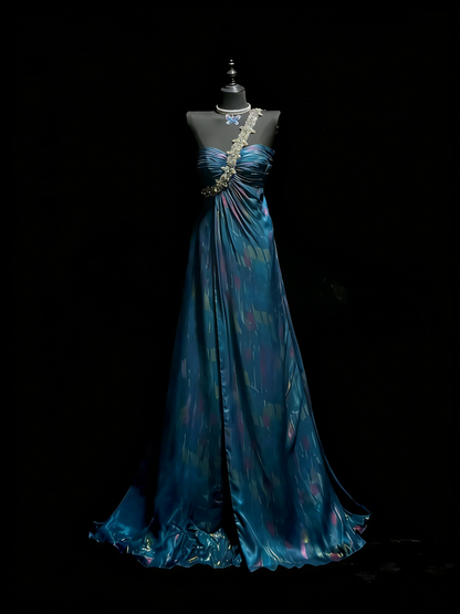 Robe de bal longue bleue à une épaule, coupe trapèze, pour adolescentes (N1183)