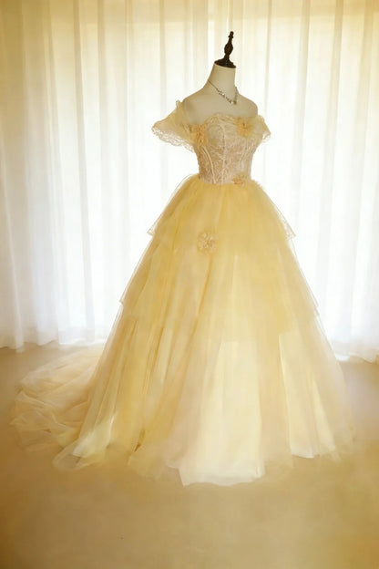 Modest Prom Dresses Ball Gown Off The Shoulder Yellow Tulle With Sleeves Long Quince Dress N2967